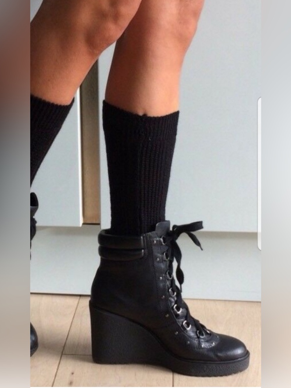 Zara Leather Black Wedge Lace-Up Studded Women's Boot with sock 8